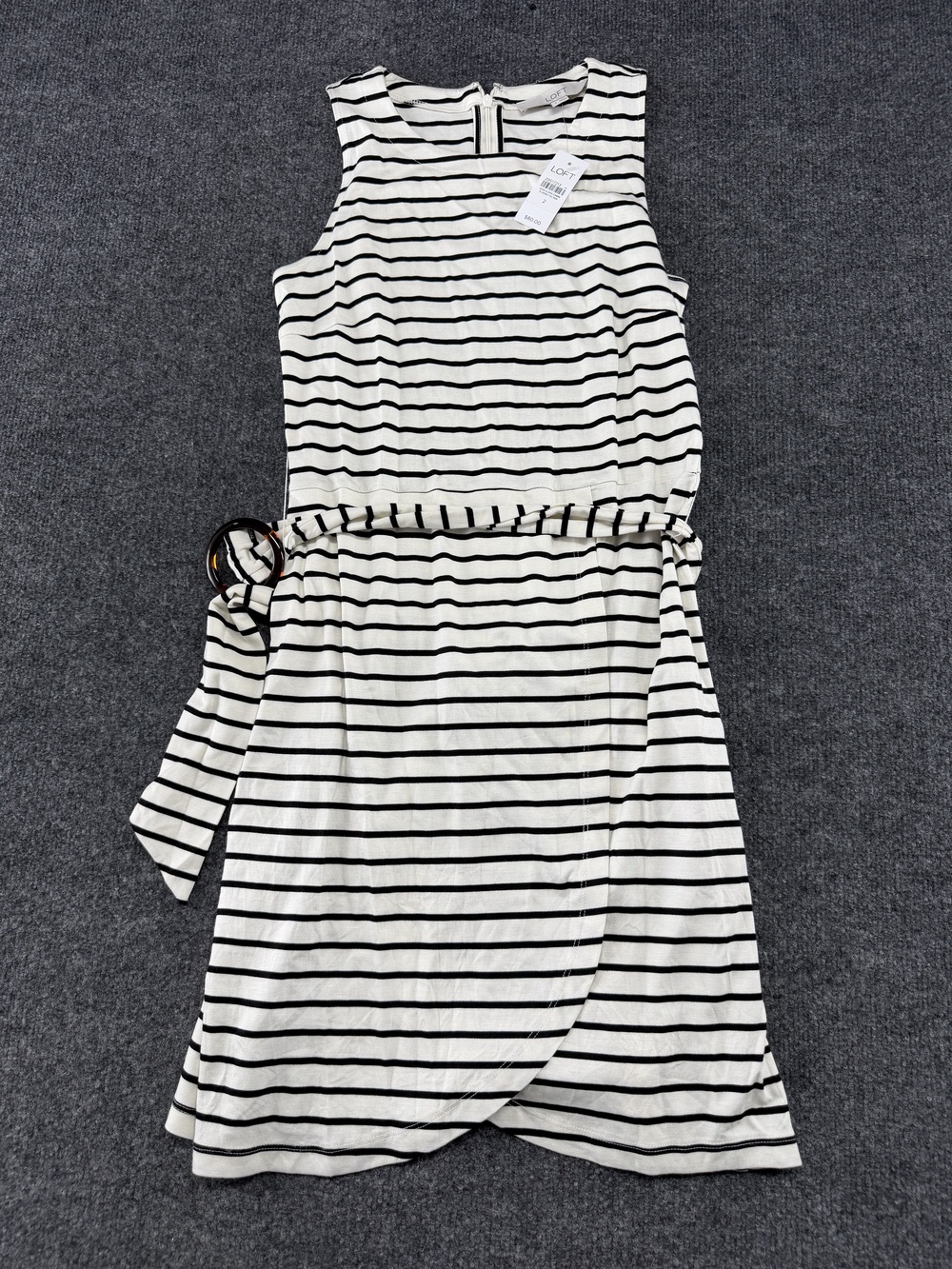 LOFT Dress Womens 2 White Striped Belted Wrap Tank Knee Length Casual Office